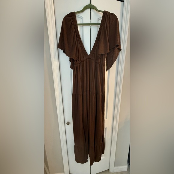 Free People Beach La La Maxi Dress Plunging V-Neck Tiered Flowy Gauze Brown S/P - Picture 1 of 3